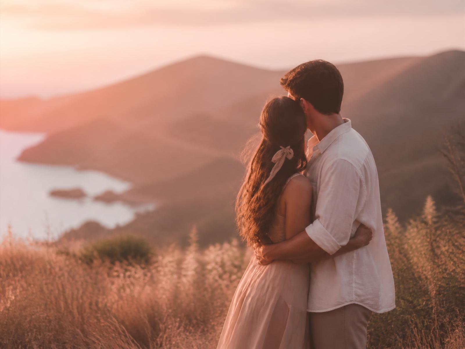 Casal romântico se abraçando em paisagem ao entardecer
